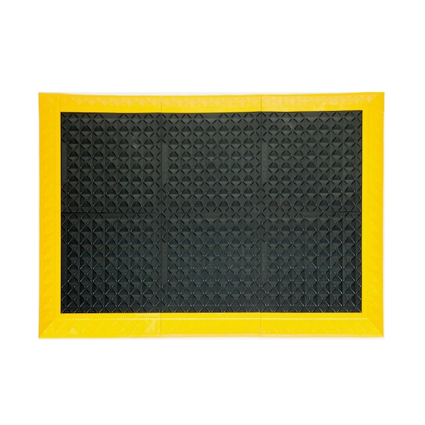 Antifatigue Mat, 44 inch L x 62 inch W, Black Tiles / Yellow Border
